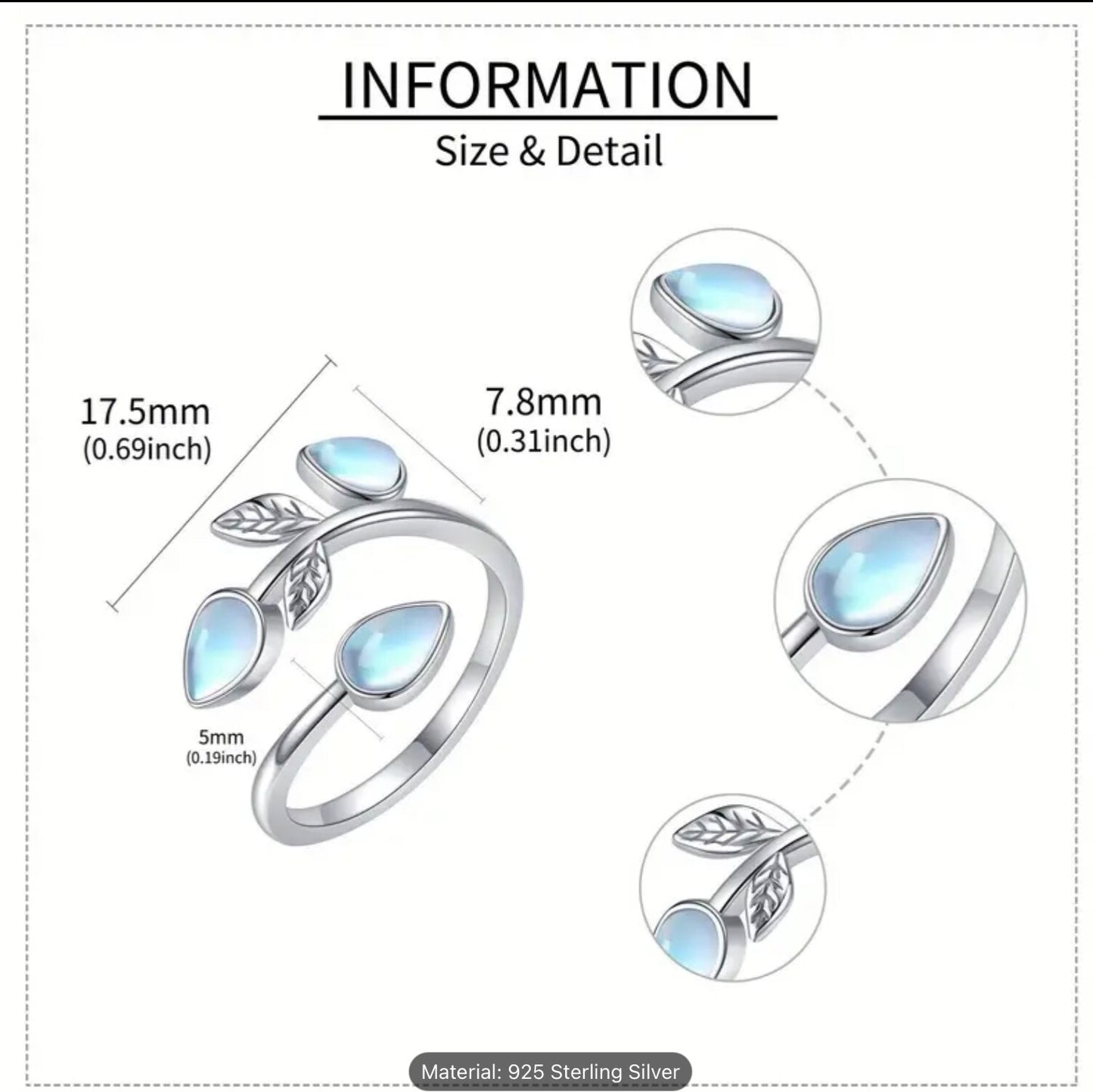 925 Sterling Silver Leaf Moonstone Ring Adjustable Gift Jewellery Women Girls