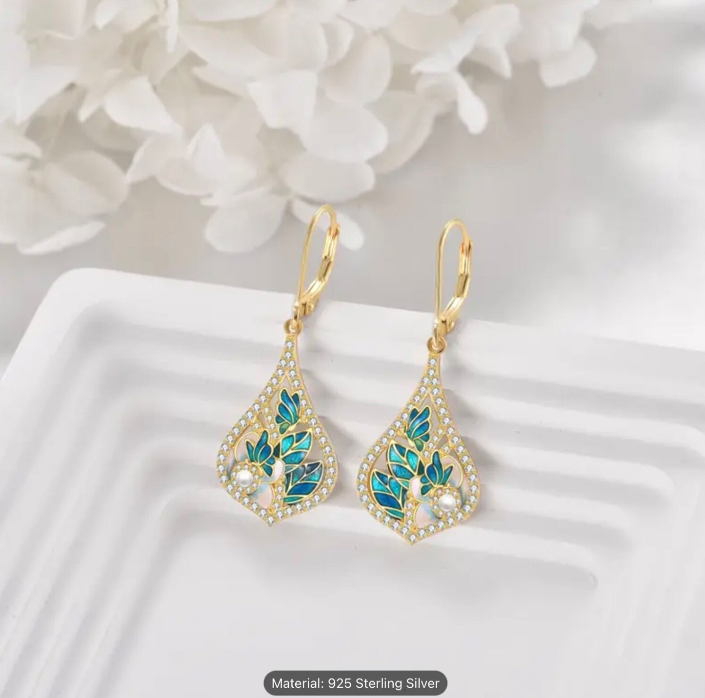 Luxury Earrings 925 Sterling Silver Dangle Drop Enamel Leaf Pearl Women Gift Set