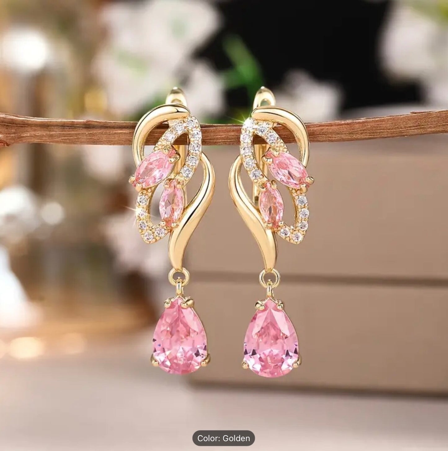 Romantic Pink Teardrop Zirconia Dangle Earrings – Gold-Tone Finish, Party-Gifts