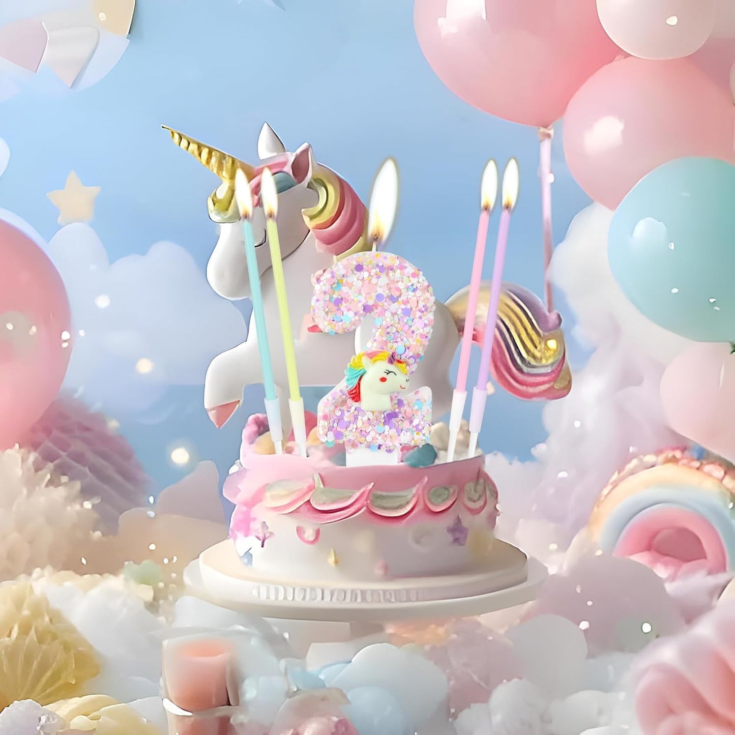 Birthday Decorations Happy Pink Number Unicorn Candles Glitter Cake Girls Party
