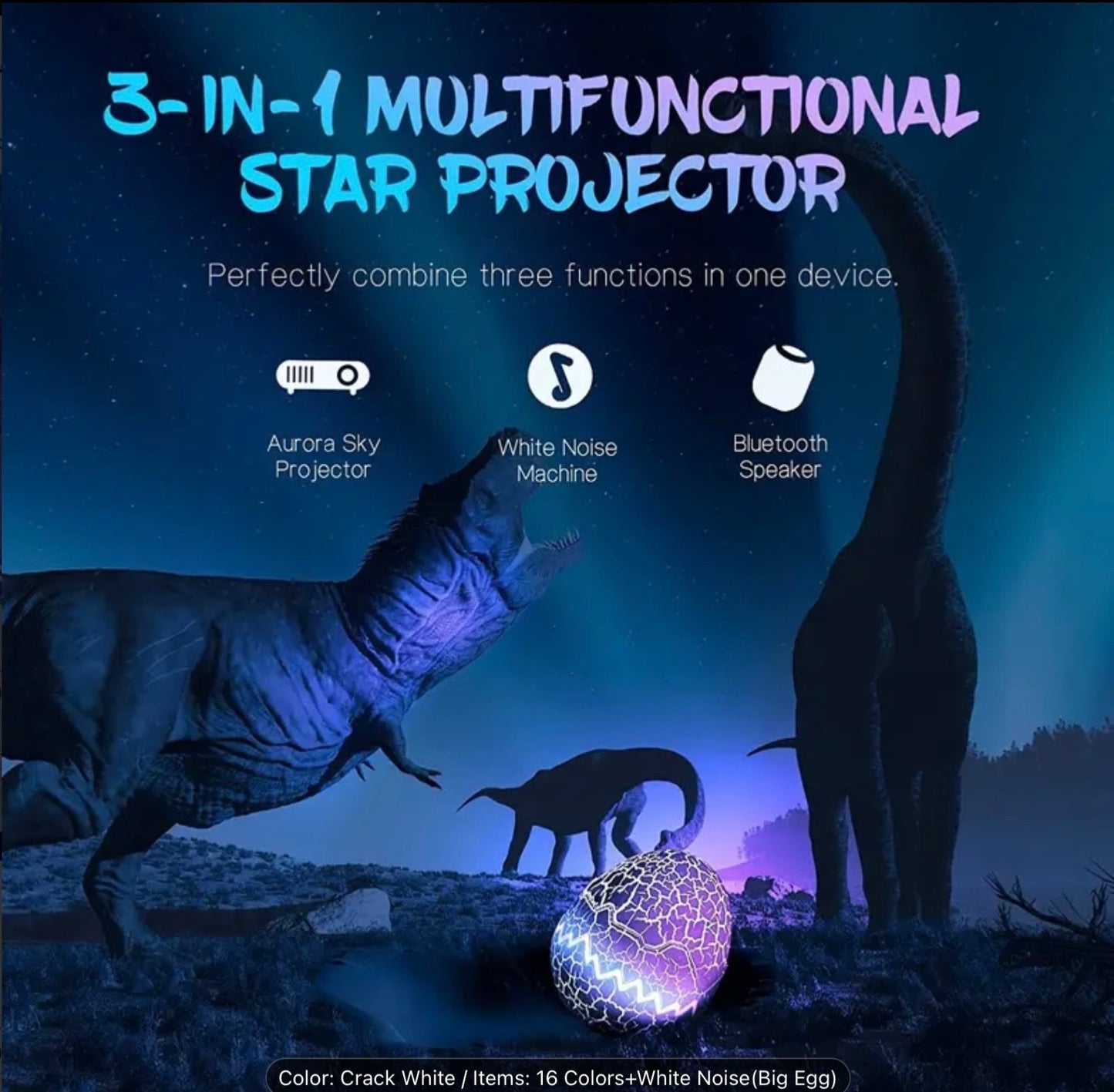 Dinosaur Egg Star Projector Light Galaxy Night with Remote Bluetooth Music Lamp