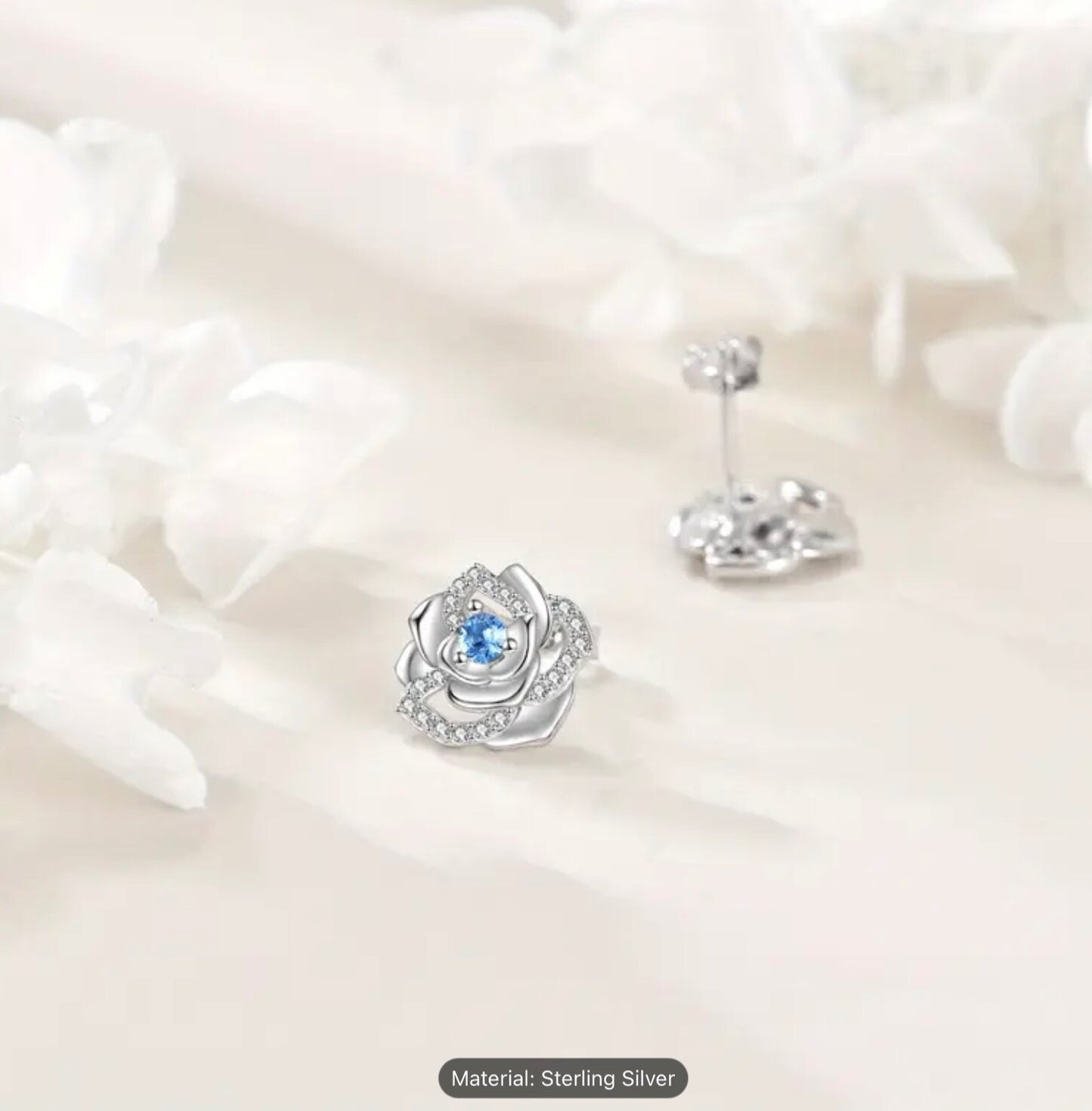 Sterling Silver Rose Earrings Stud Cubic Zirconia Women Romantic Gift Jewellery