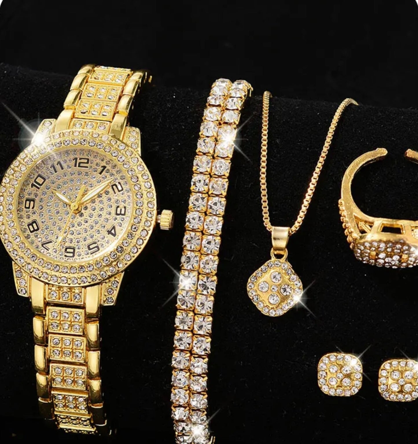 Luxury Women Girls 6pcs Watch- Bracelet & Jewellery Set – Rhinestone Quartz Gift