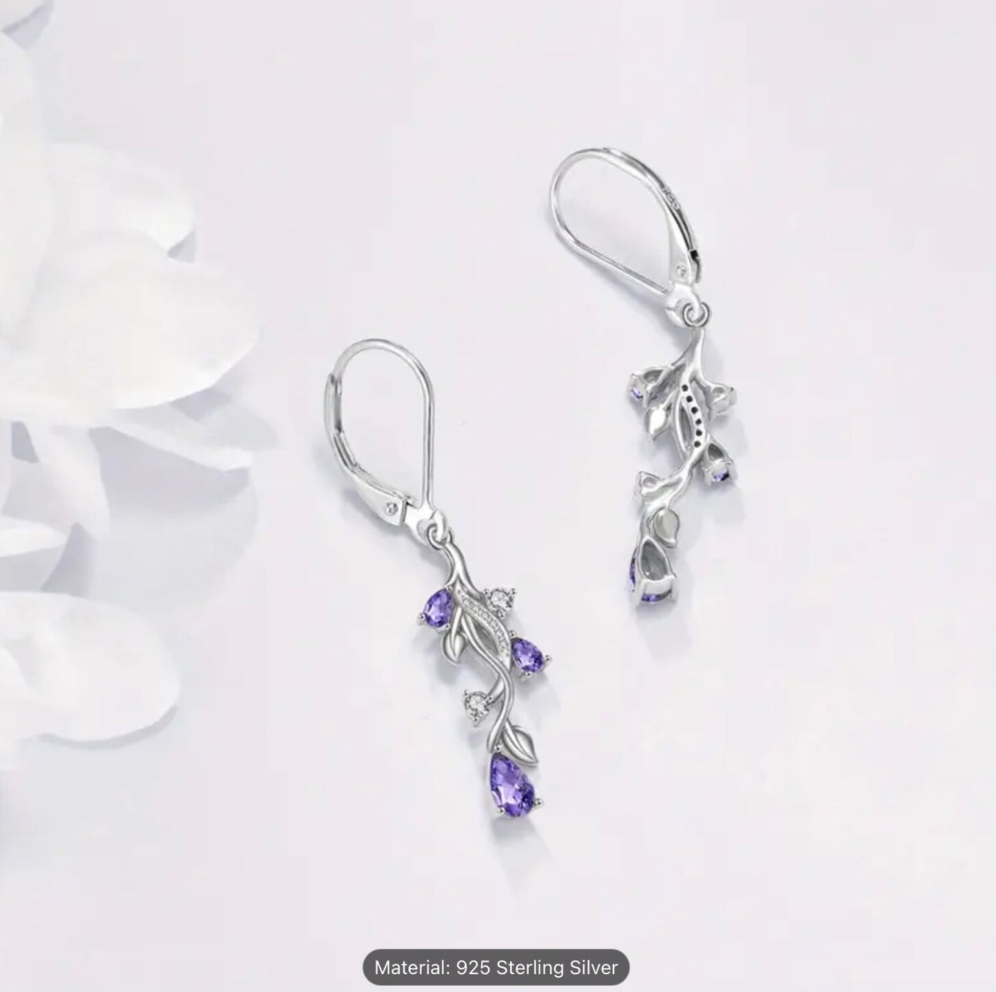 Sterling Silver Tulip Flower Teardrop Earrings Purple Cubic Zirconia Dangle Gift
