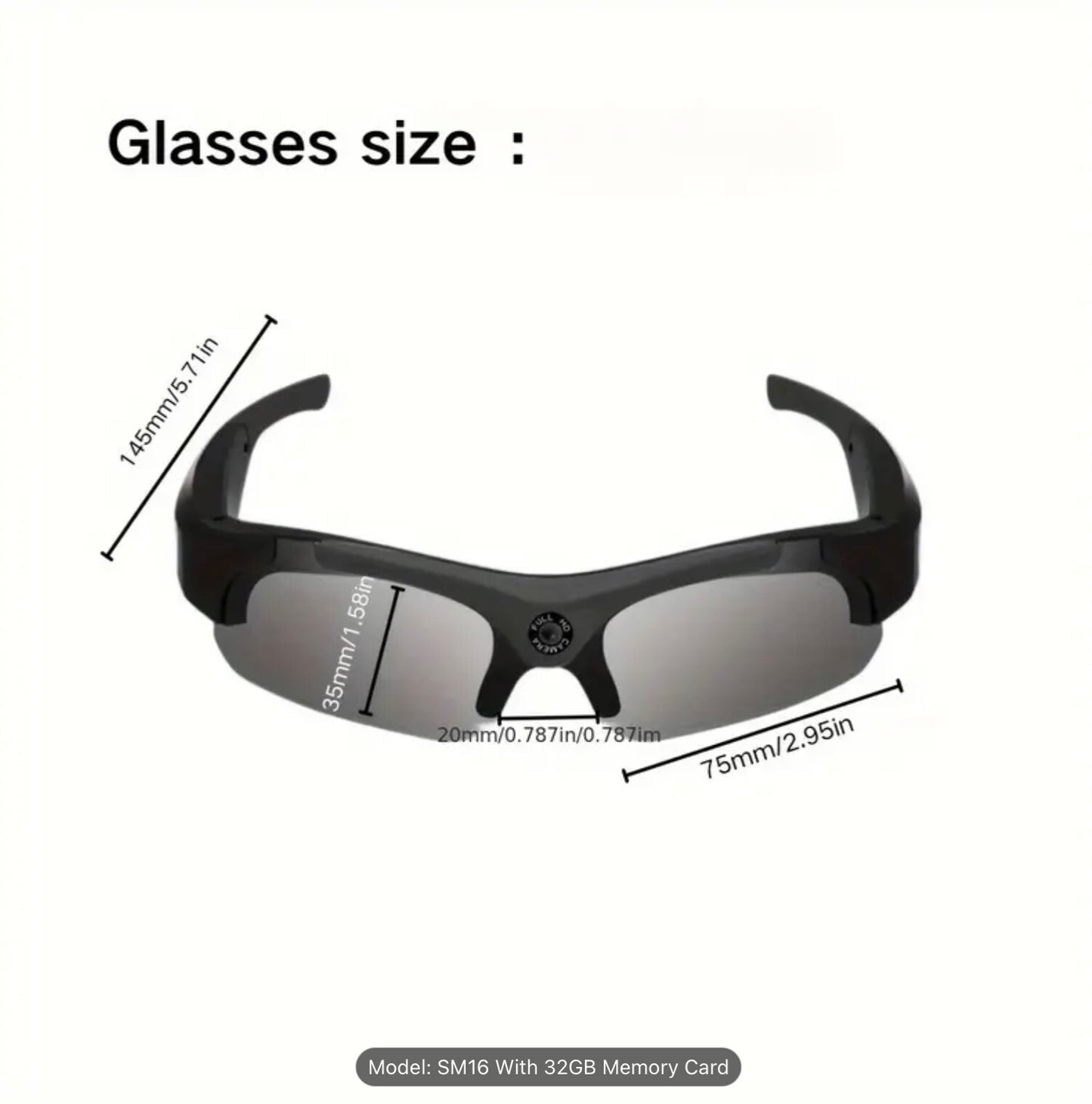 Smart HD wireless Video Glasses 32GB Card 120° Lens 180 Min Battery Waterproof