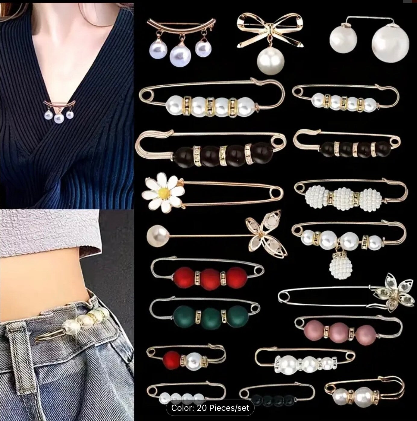 Pack of 20 Safety Pin Brooches Shawl Pins for Sweaters Dresses Gifts Women Style