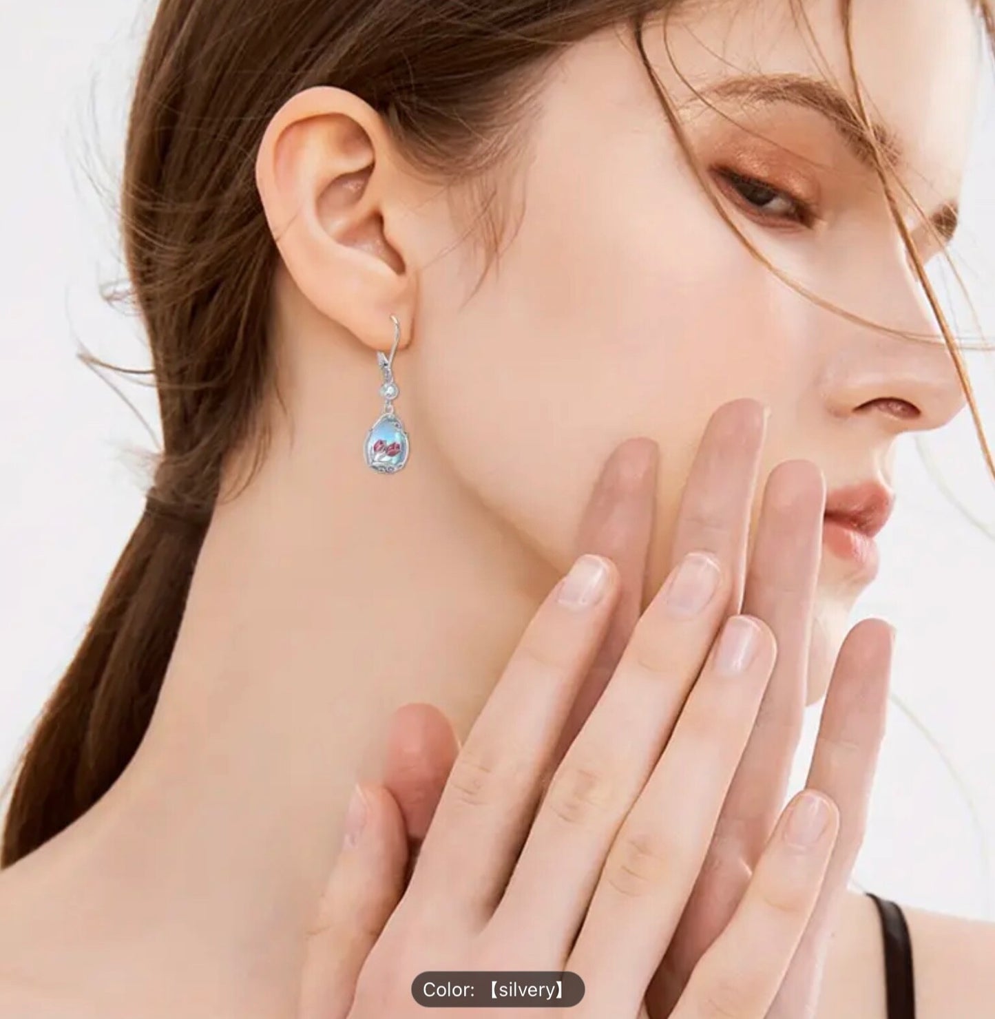 925 Silver Tulip Moonstone Teardrop CZ Dangle Earrings–Hypoallergenic Ideal Gift