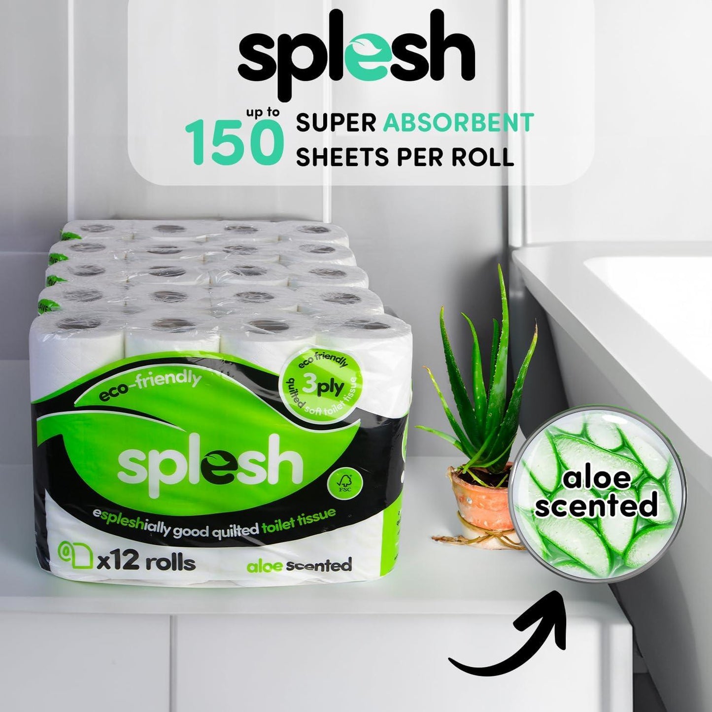 Splesh by Cusheen 3-Ply Toilet Roll - Aloe Vera Fragrance (72 Pack) Soft, Quilted Bulk Toilet Rolls, Toilet Tissue and Loo Rolls – Eco-Friendly Toilet Paper Sustainably Crafted in the UK