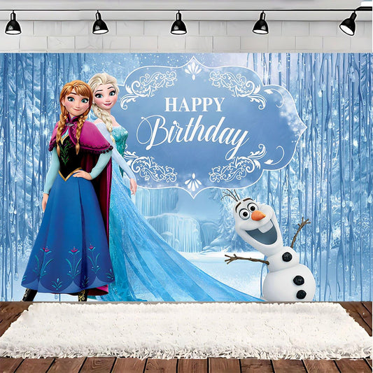 [Frozen Birthday Backdrop] 1pc Polyester Frozen Birthday Backdrop - Elsa and Olaf Winter Wonderland Design | Multicolor, Ideal for Indoor/Outdoor Garden Parties, Suitable for Holiday Celebrations like Valentine's Day, Easter, Ramadan, Durable Party Backd