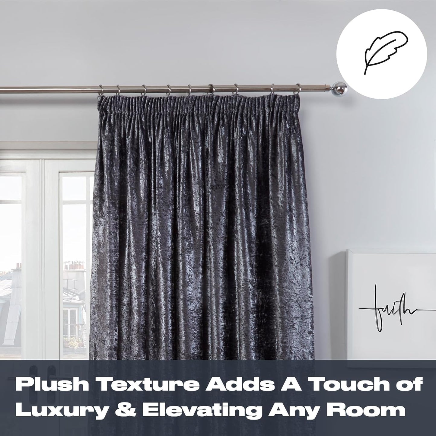 Sienna 2 Panel Crushed Velvet Curtain Eyelet Ring Top Pair of Fully Lined Curtains, Soft Luxury Thermal Insulated Curtains Window Treatment 46" X 54", Charcoal Grey