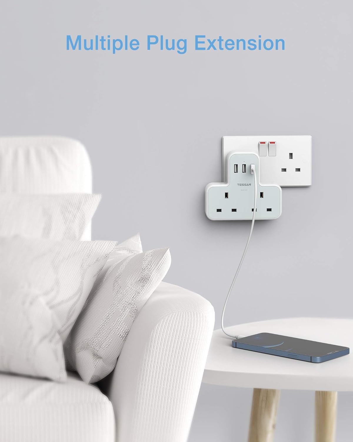 Plug Adapter with 3 USB Ports, TESSAN Double Plug Adaptor UK, 2 Way Multiplug Extension with USB Charger, Slim Power Extender for Kitchen, Office, School Supplies