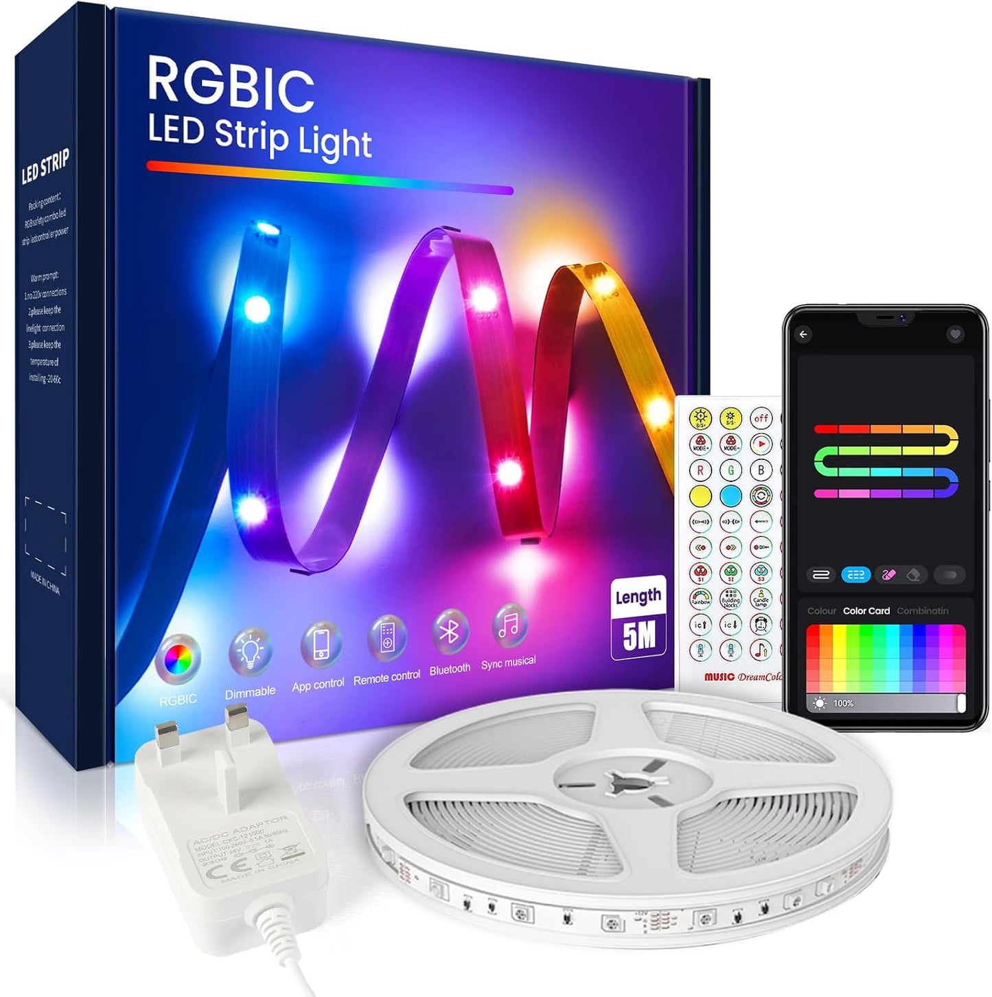 LED Strip Light 5M, RGB Music Sync Colour Changing LED Lights for Bedroom, Smart Ambient Lights with Bluetooth App & Remote Control, Flexible Design for Gaming, Ceiling, and Home Decoration unbranded