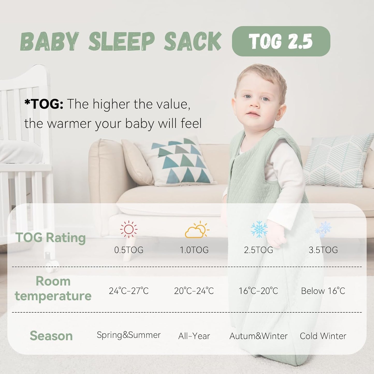 Baby Sleeping Bag 6-12 Months 100% Cotton TOG 2.5 Winter Toddler Sleep Sack Wearable Blanket for Infant Toddler Green