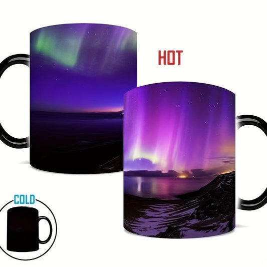 [Color Changing Mug] 1pc Color Changing Northern Lights Ceramic Coffee Mug | Vivid Pattern, Unique Aurora Borealis Design for Hot and Cold Drinks, Home, Office or Gift Use