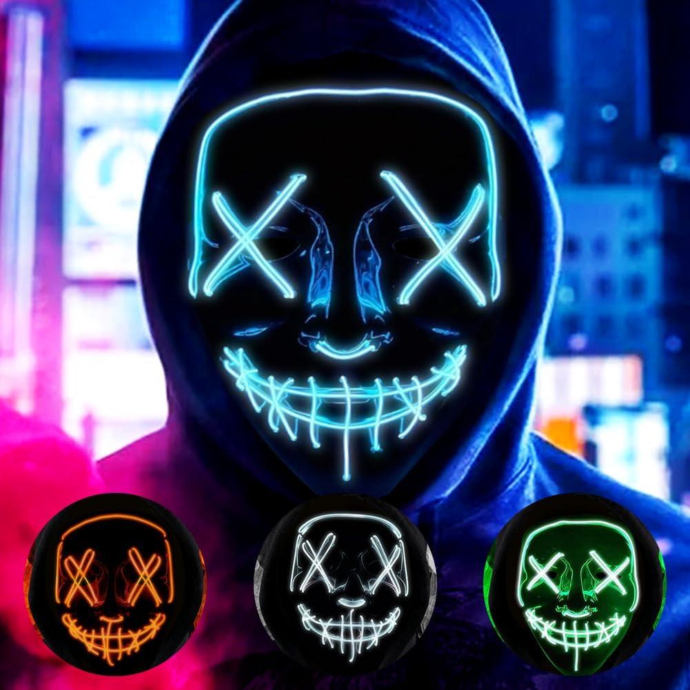 HATFRYF Halloween Masks, Horror LED Mask, Light up Mask, Scary Masks with 3 Lighting Modes, Rave Face Masks Costume for Kids Men Women Halloween Christmas Carnival Festival Cosplay Party