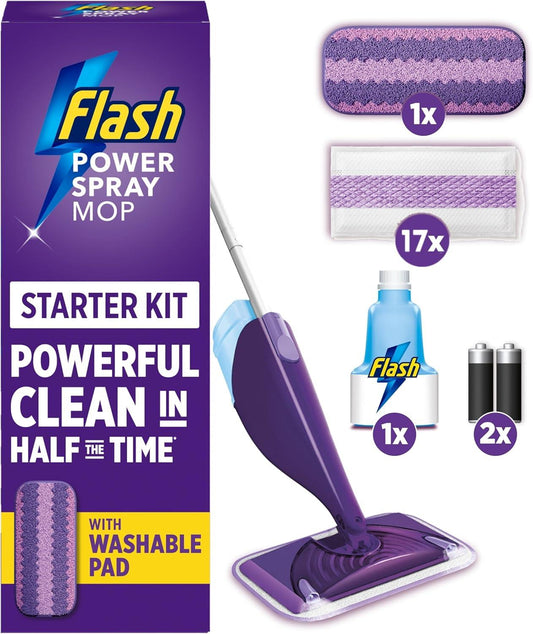 Flash Power Spray Mop Floor Cleaner Starter Kit (1 Washable + 17 Disposable Pads), All-In-One System for Your Floors