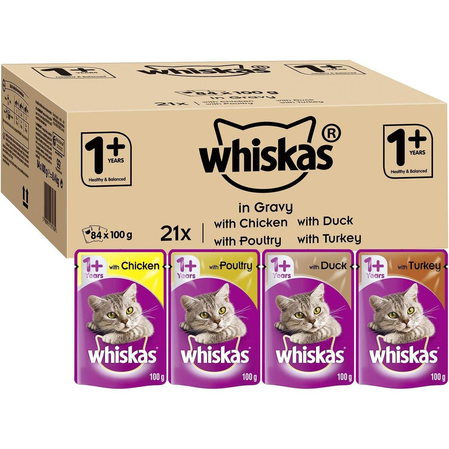 Whiskas 1+ Adult Classic Selection in Gravy 84 Pouches, Adult Wet Cat Food, Megapack (84 X 85 G) whiskas