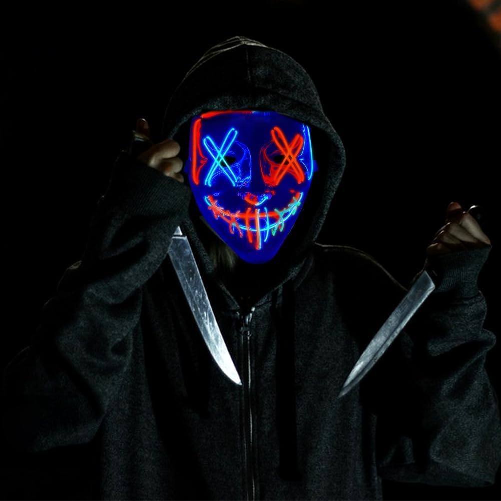 Halloween Mask, LED Scary Horror Smiling Expression Evil Character Mask Costume Mask for Cosplay Party Props, Halloween Costumes for Men Adults Kids Boys (Blue+Red) SFODTN