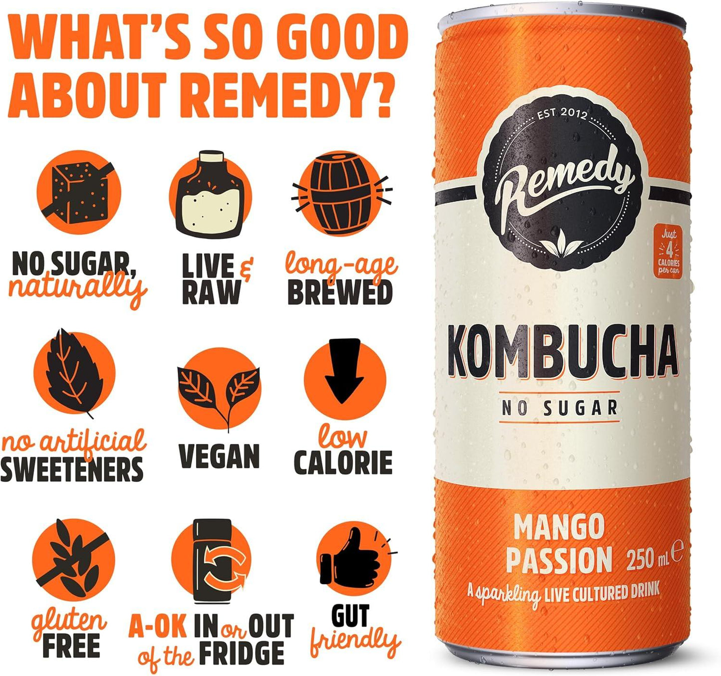 Remedy Kombucha Mango Passion Sparkling Live Cultured Soft Drink 12 x 250ml No Sugar Probiotic for Gut Health Natural Fruity Taste