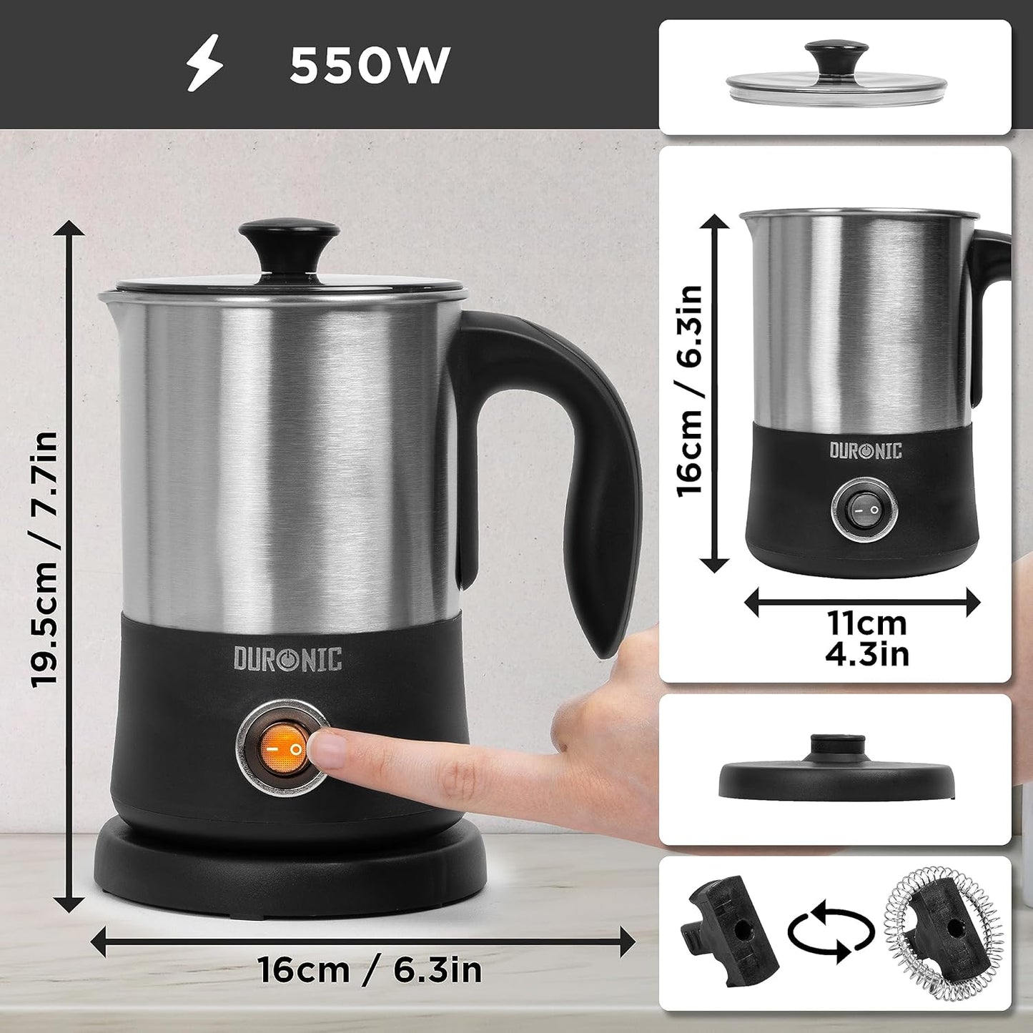 Duronic Milk Frother Electric MF300 Coffee Mixer Whisk Automatic Warmer Foam