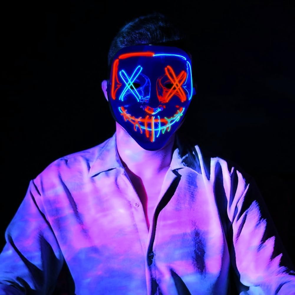 Halloween Mask, LED Scary Horror Smiling Expression Evil Character Mask Costume Mask for Cosplay Party Props, Halloween Costumes for Men Adults Kids Boys (Blue+Red) SFODTN