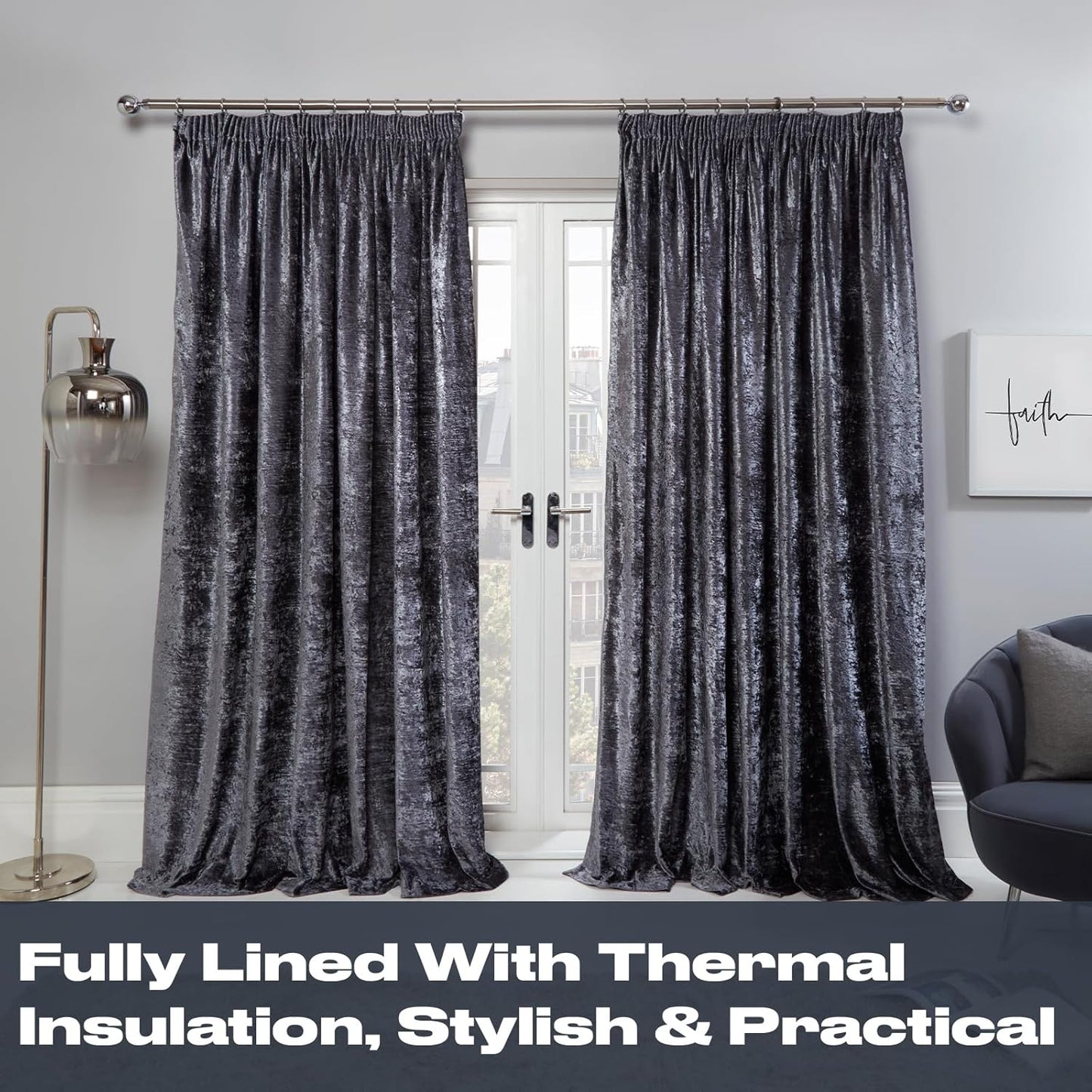 Sienna 2 Panel Crushed Velvet Curtain Eyelet Ring Top Pair of Fully Lined Curtains, Soft Luxury Thermal Insulated Curtains Window Treatment 46" X 54", Charcoal Grey