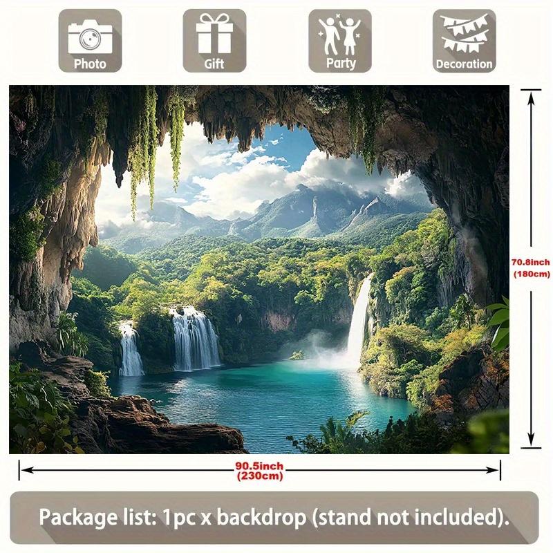 1pc Tropical Forest & Waterfall Party Banner - Vibrant Polyester Backdrop with Lush Greenery, Misty Mountains, and Serene Blue Waters for Home, Room, or Wall Decor - Perfect for All Seasons Photo Props and Party Supplies, Outdoor Deco