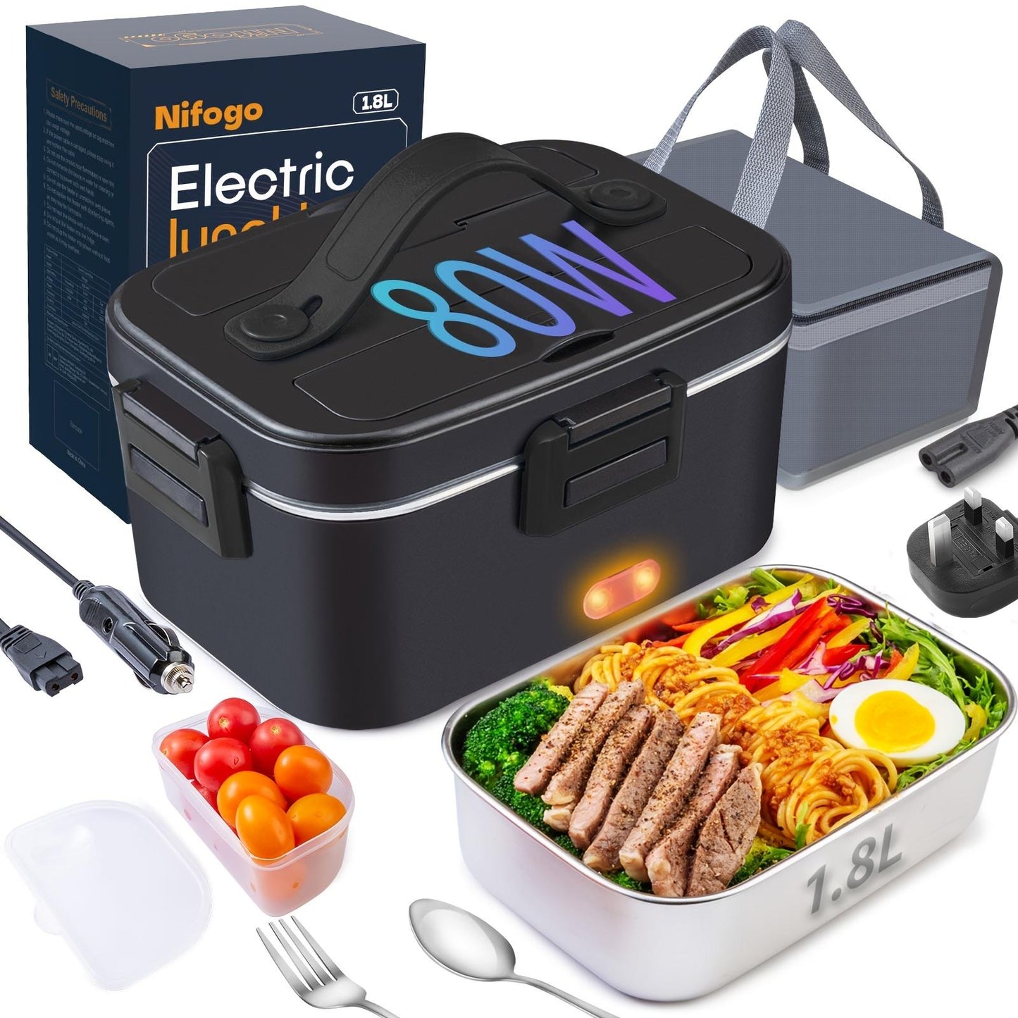 Adult Electric Heated Lunchbox 8OwMen'S Portable Heated Lunchbox 3 In 1Portable Heated Lunchbox 230V/12V/24V With1, 8L Removable Stainless Steel Container AndBag (Black)