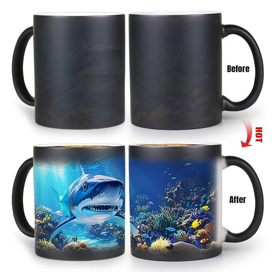 1pc Shark Color Changing Cup, Ocean World Ceramic Coffee Cup, Ocean World Design with Color Changes, Shark and Coral Reef, Birthday Gift, Festival Gift 11oz