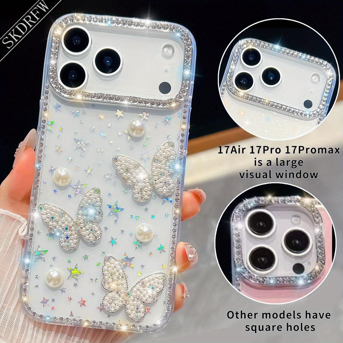 Luxurious Light Luxury Glittering Rhinestone Frame with Three-Dimensional Pearl Butterfly Phone Case for iPhone 17, 17 Air, 17 Pro, 17 Pro Max, 16, 16 Pro, 16 Pro Max, 16 Plus, 15, 15 Pro, 15 Pro Max, 14, 14 Pro, 14 Pro Max, 13, 13 Pro, 13 Pro Max, Phone