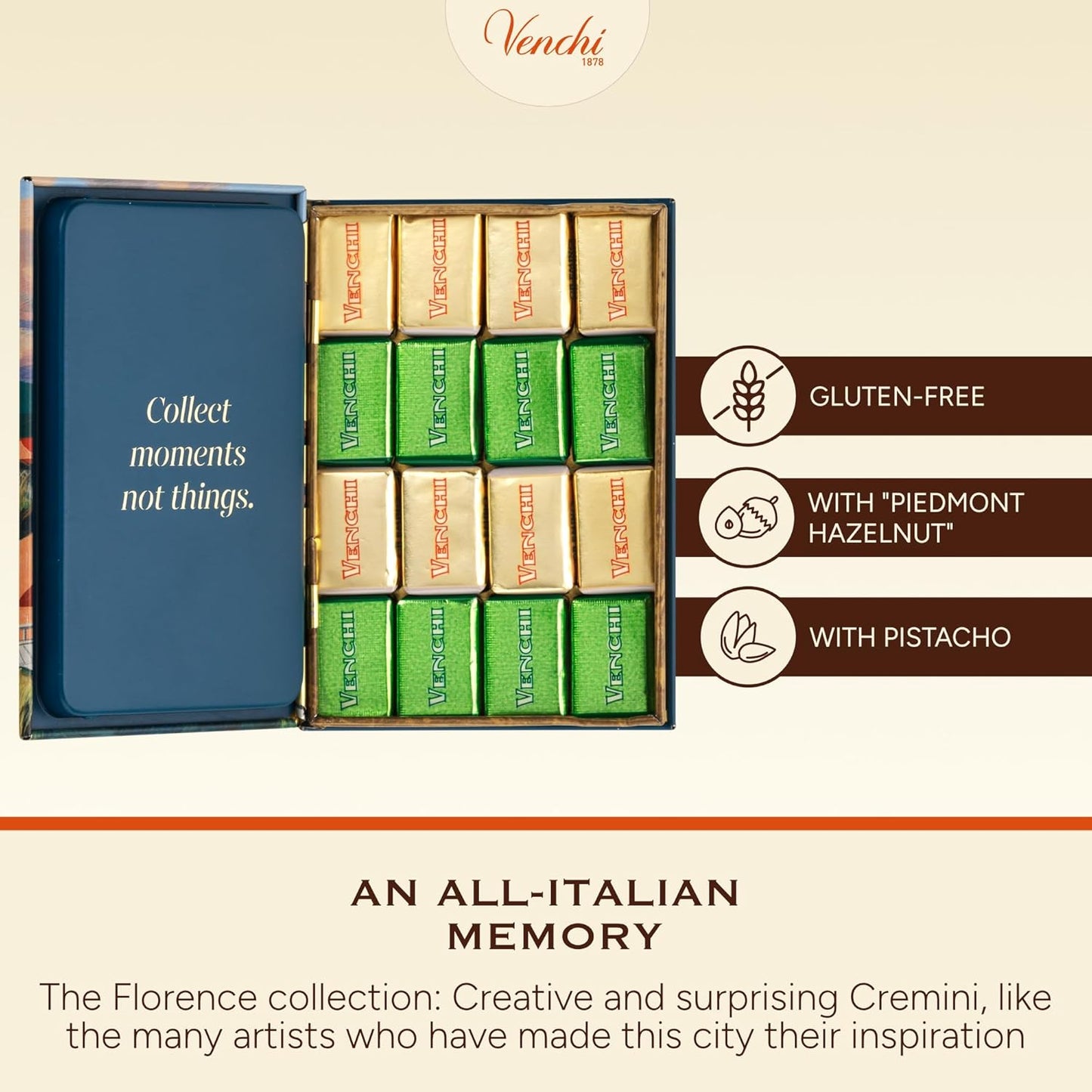 Venchi – Mini Tin Book Firenze with Cremini Chocolates, Classic 1878 and Pistachio Flavours, 6.06 Oz, Gluten-Free, No Artificial Colours, No Preservatives, Gift Idea