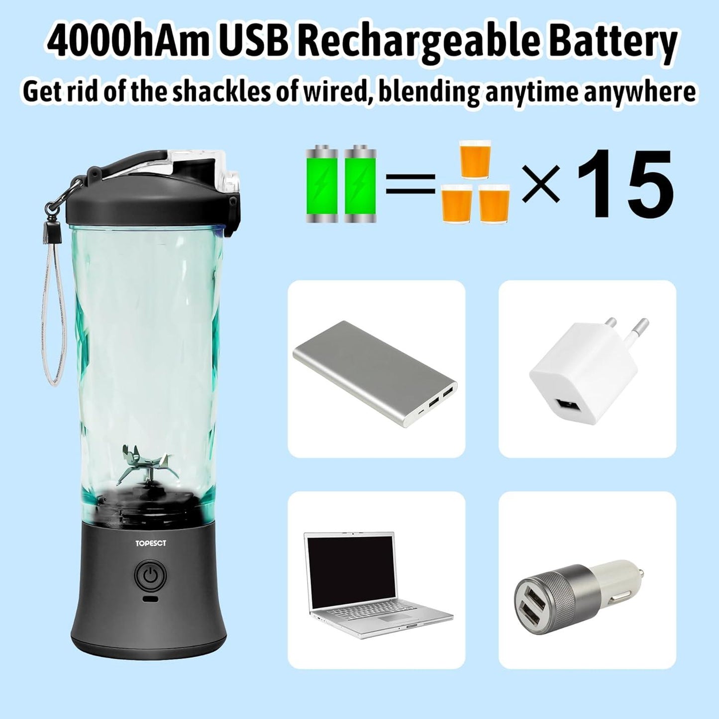 600Ml Portable Blender USB Rechargeable, TOPESCT Waterproof Personal Blender for Shakes and Smoothies, 270W Strong Cutting Power with 6Pcs 3D Blades for Travel, Office & Sports (Black)