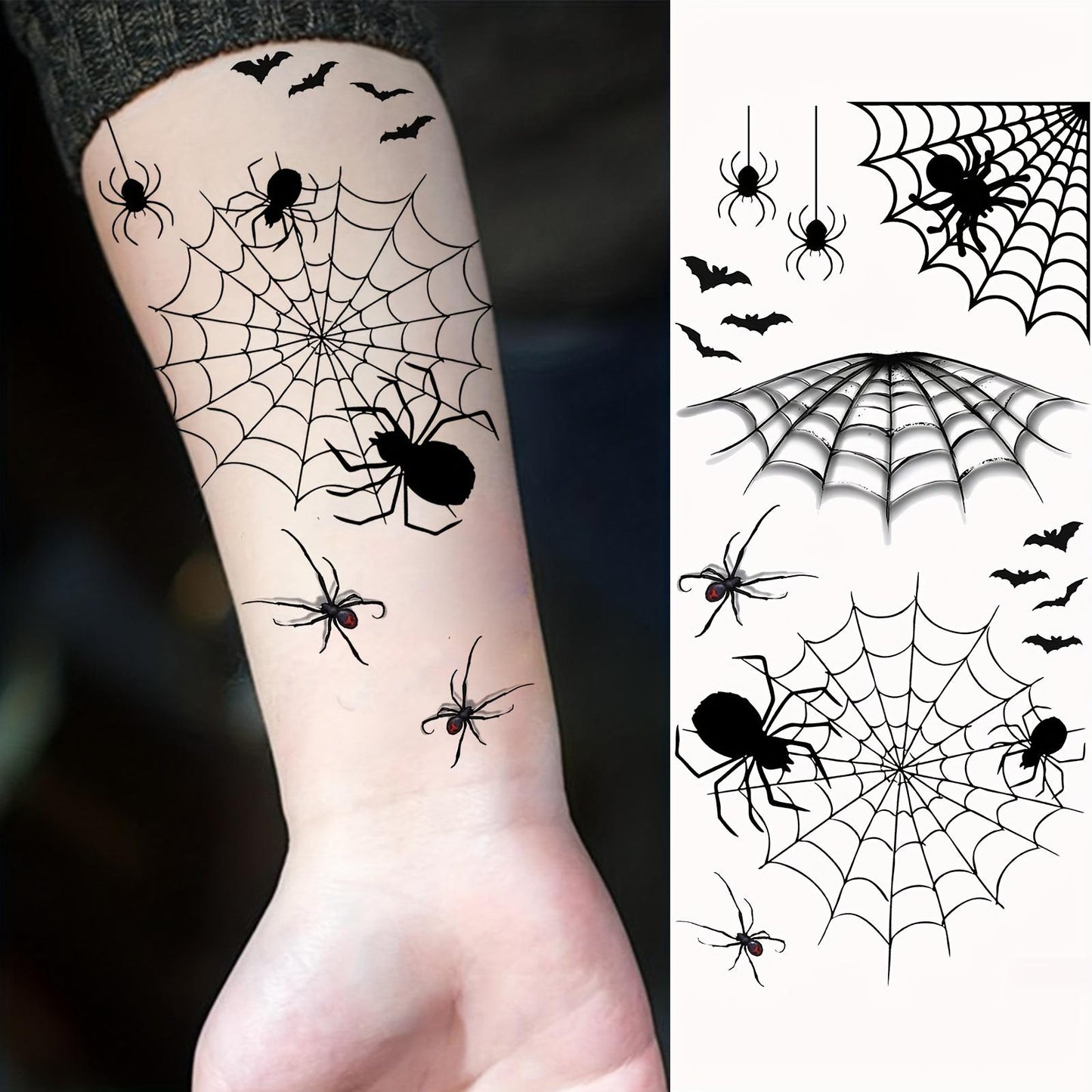 Halloween Temporary Tattoos - 1 Sheet Waterproof Realistic Spider Web, Spiders & Bats Design | Long-Lasting Fake Tattoo Stickers for Adults | Oblong Shape for Arm, Thigh, Leg, Forearm, Shank
