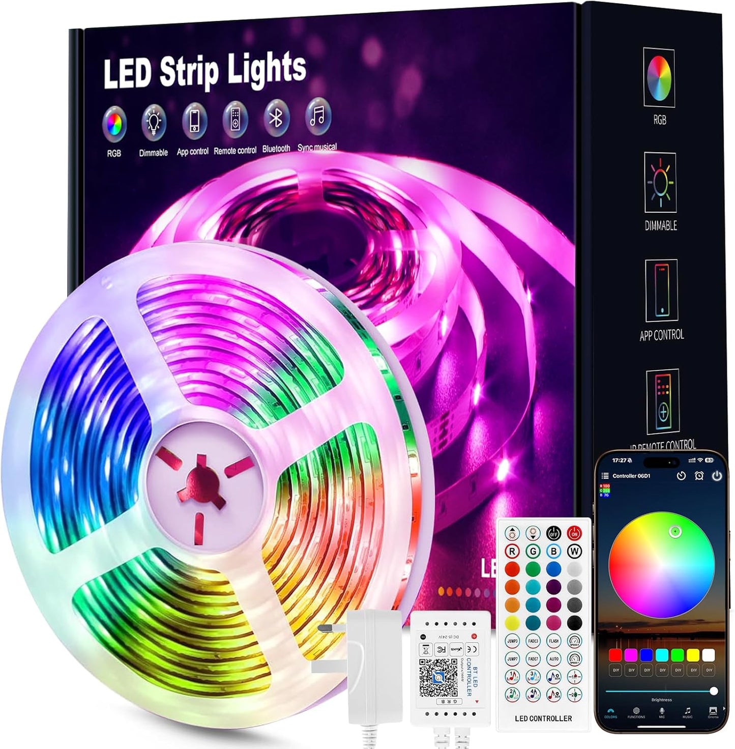 LED Strip Light 5M, RGB Music Sync Colour Changing LED Lights for Bedroom, Smart Ambient Lights with Bluetooth App & Remote Control, Flexible Design for Gaming, Ceiling, and Home Decoration unbranded