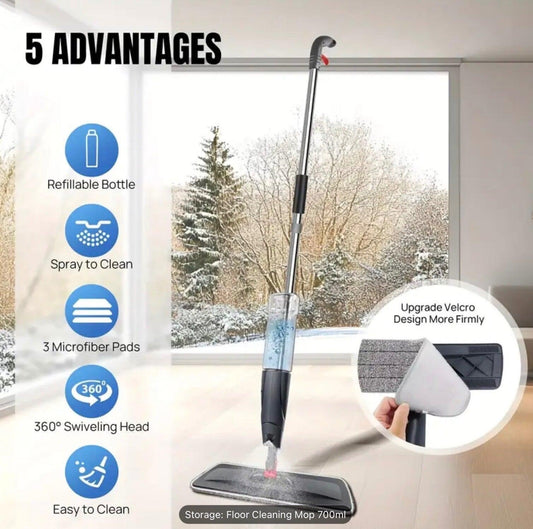 Spray Mop Microfibre Easy Floor Cleaning 700ML Refillable Washable Pads 360°  Swivel Head – Dry & Wet Use – Ideal for Laminate, Wood & Tile Floors – Includes 3 Washable Microfiber Pads – Lightweight & Durable Design