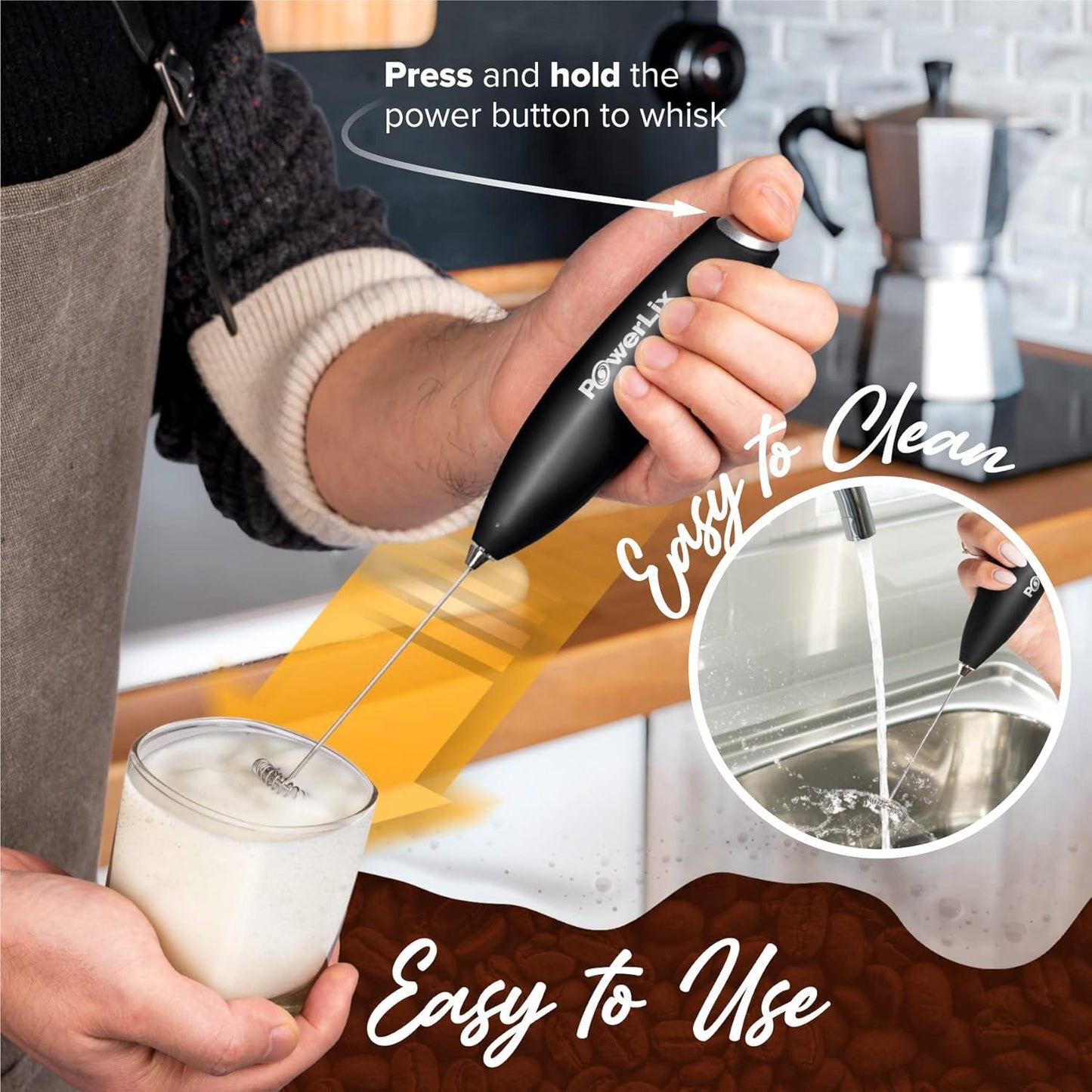 Powerlix Milk Frother Handheld Whisk - Electric Milk Frother Foamer with Stainless Steel Stand,15-20S, Powerful 19000Rpm, Mini Drink Mixer Coffee Frother for Latte, Cappuccino, Hot Chocolate POWERLIX