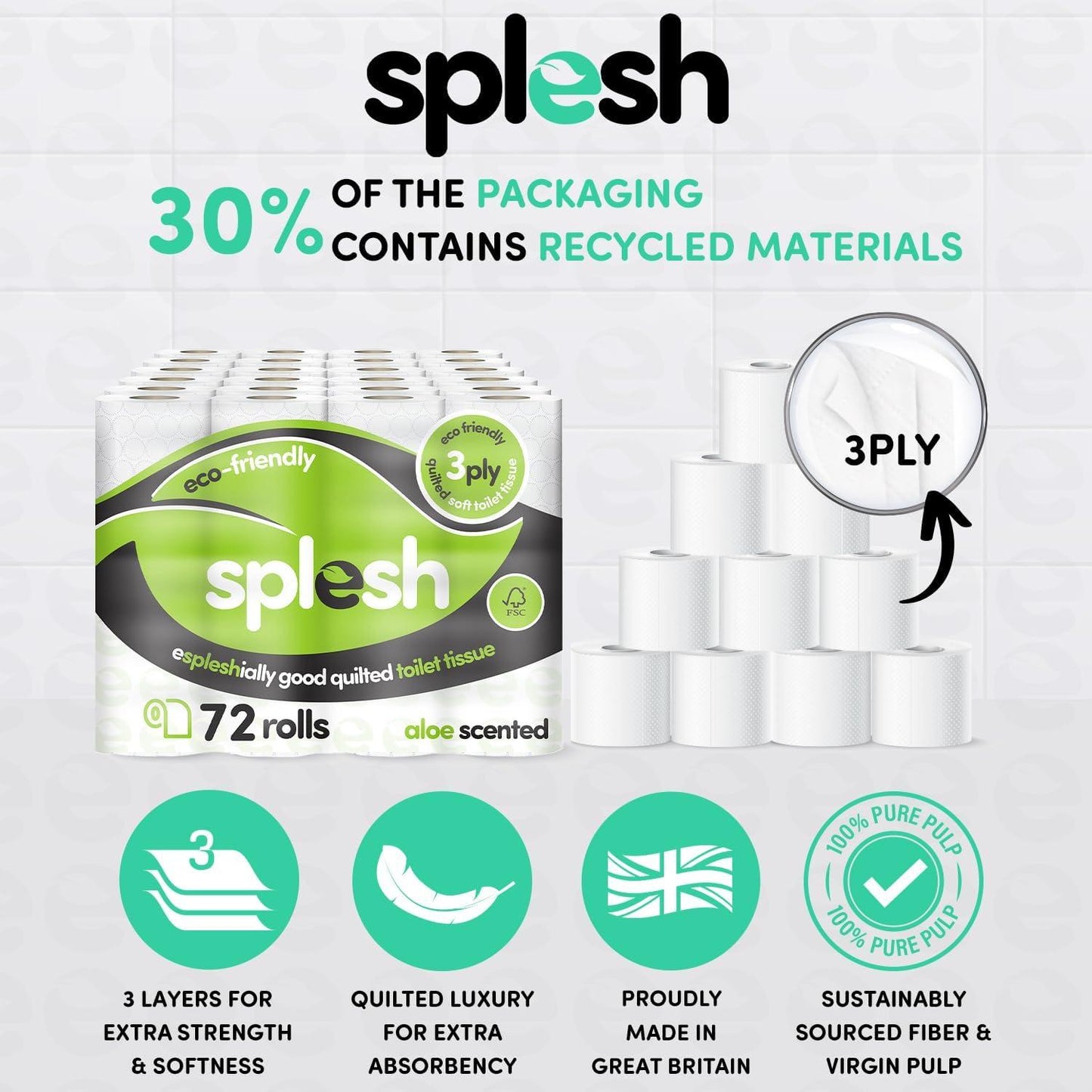 Splesh by Cusheen 3-Ply Toilet Roll - Aloe Vera Fragrance (72 Pack) Soft, Quilted Bulk Toilet Rolls, Toilet Tissue and Loo Rolls – Eco-Friendly Toilet Paper Sustainably Crafted in the UK