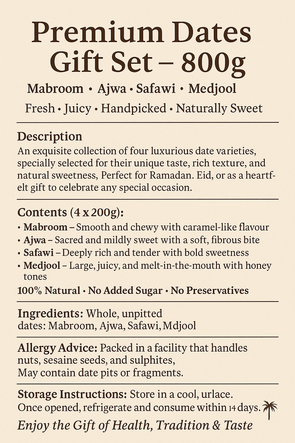 Premium Mabroom, Ajwa, Safawi & Medjool Dates Gift Set,Fresh, Juicy & Luxury 800