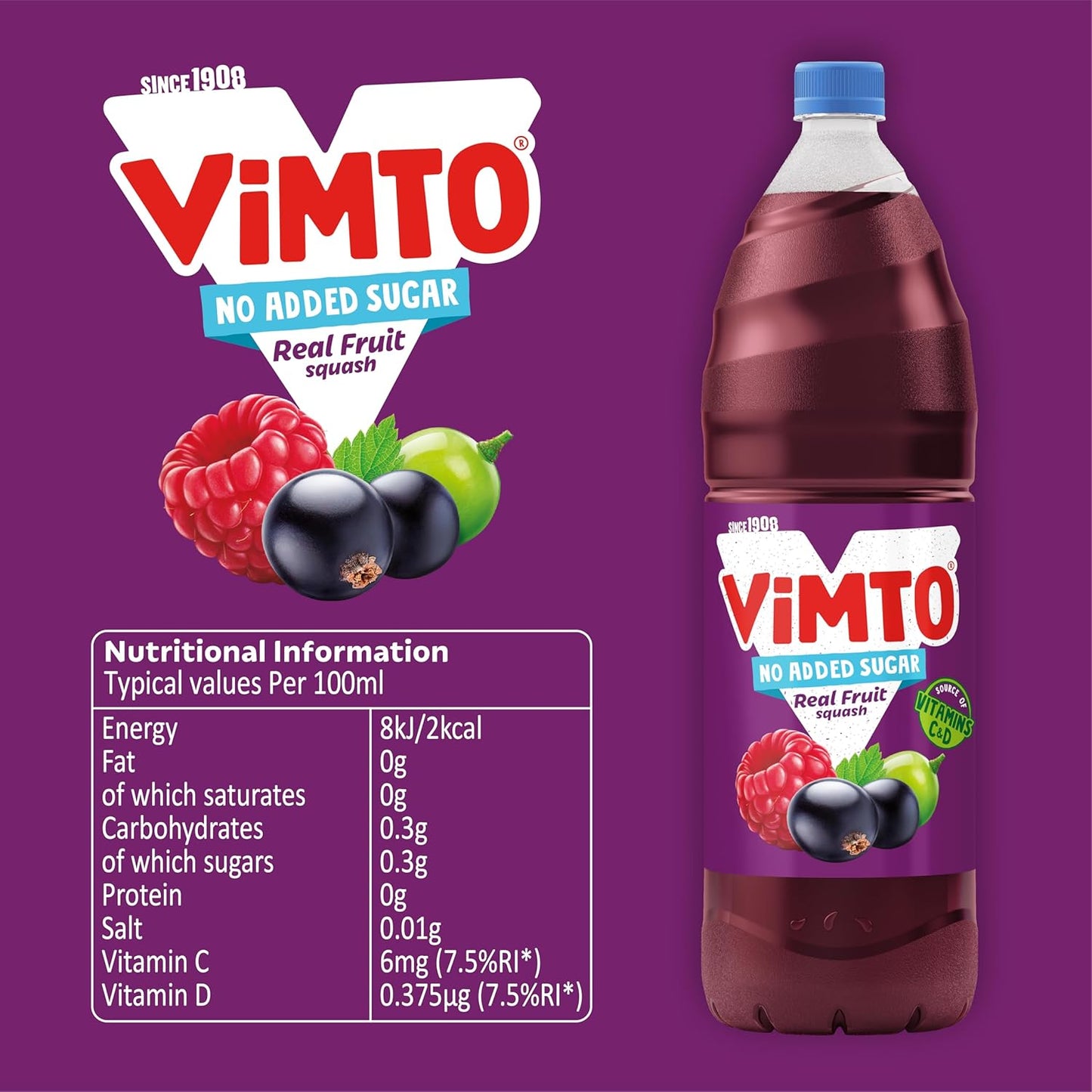 Vimto Squash – No Added Sugar – Real Fruit Flavour – Vitamins C & D – 2L Bottle – Low Calorie – HFSS Compliant vimto