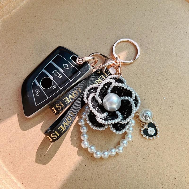 Luxury Pearl Chain Camellia Weave Handmade Keychain Car Key Ring Bag Pendant Accessories Keyfob Women Girl Keyring Gift Jewelry No brand