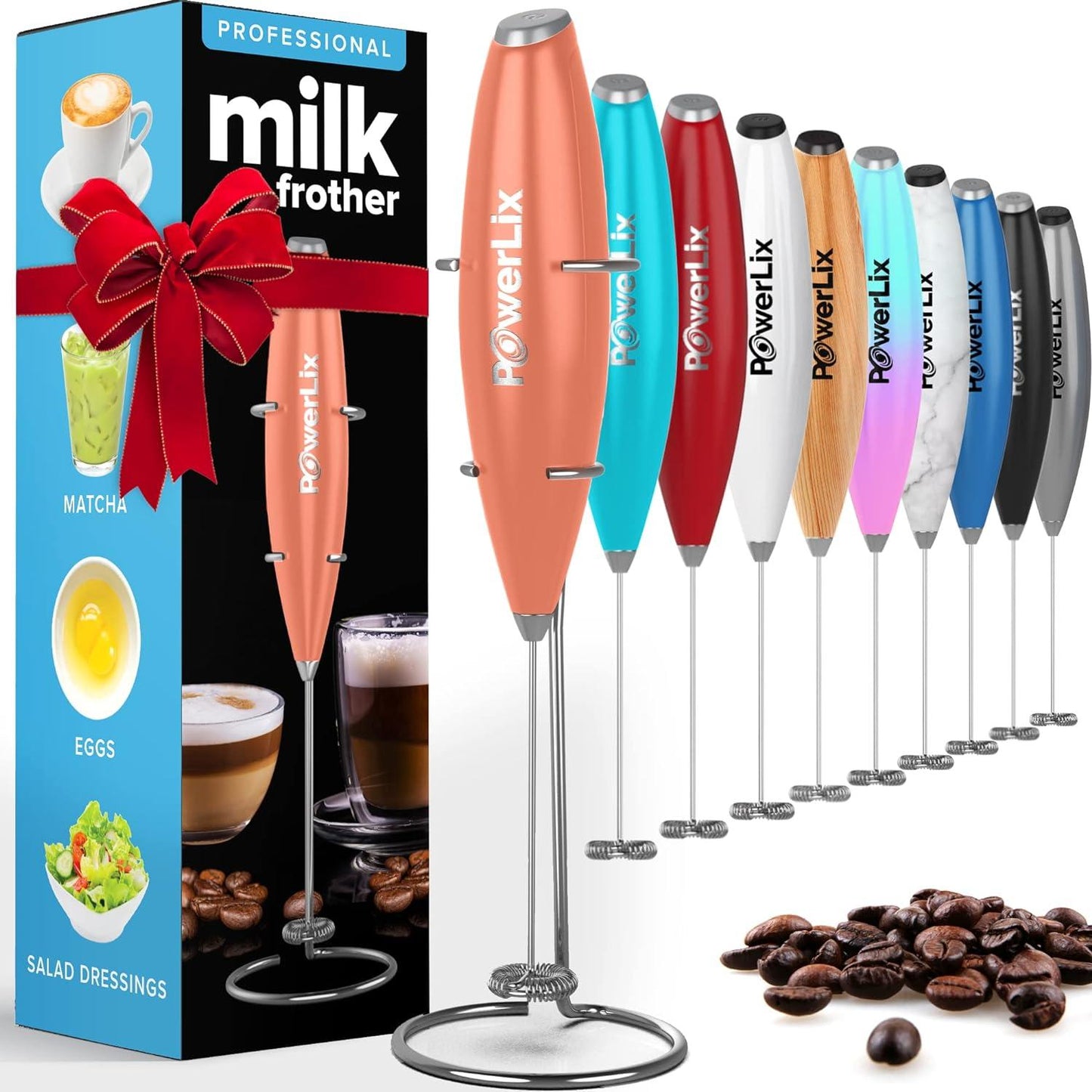Powerlix Milk Frother Handheld Whisk - Electric Milk Frother Foamer with Stainless Steel Stand,15-20S, Powerful 19000Rpm, Mini Drink Mixer Coffee Frother for Latte, Cappuccino, Hot Chocolate POWERLIX