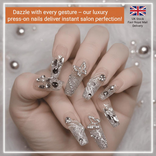 24pcs Handmade Acrylic Press On Nails - Manicure 3D Butterfly Rhinestones