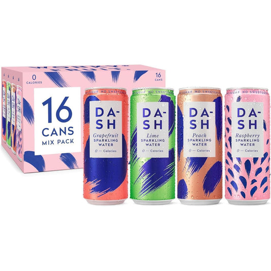 DASH Water Mixed Pack X 16 – Flavoured Sparkling Spring Water – Raspberry, Lime, Grapefruit, Peach – Infused with Wonky Fruit (16 X 330Ml Cans) Dash