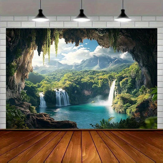 1pc Tropical Forest & Waterfall Party Banner - Vibrant Polyester Backdrop with Lush Greenery, Misty Mountains, and Serene Blue Waters for Home, Room, or Wall Decor - Perfect for All Seasons Photo Props and Party Supplies, Outdoor Deco