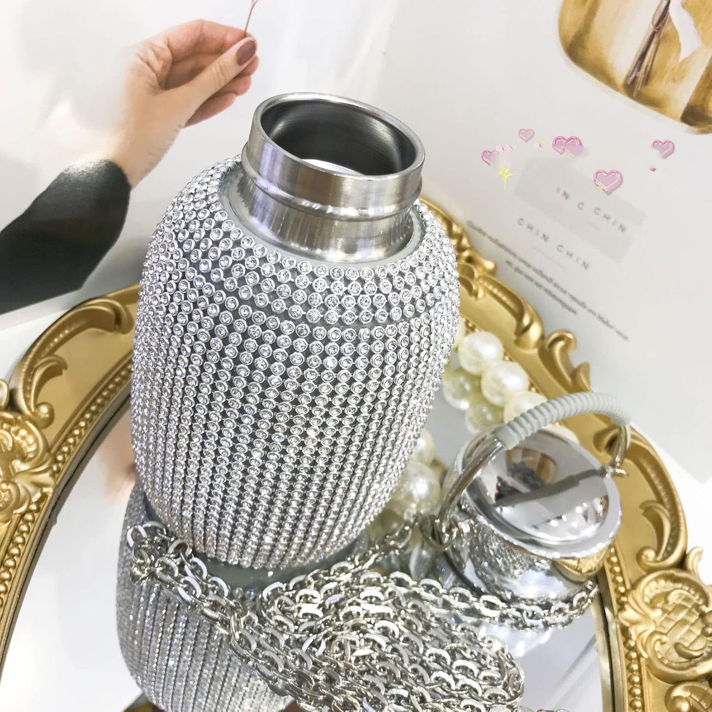 Water Bottle Rhinestone with Pearl Bracelet Chain Stainless Steel Bling Vacuum Flask Insulated Thermal Bottle Glitter Water Bottle for Women Christmas Birthday Gift,Silver No brand