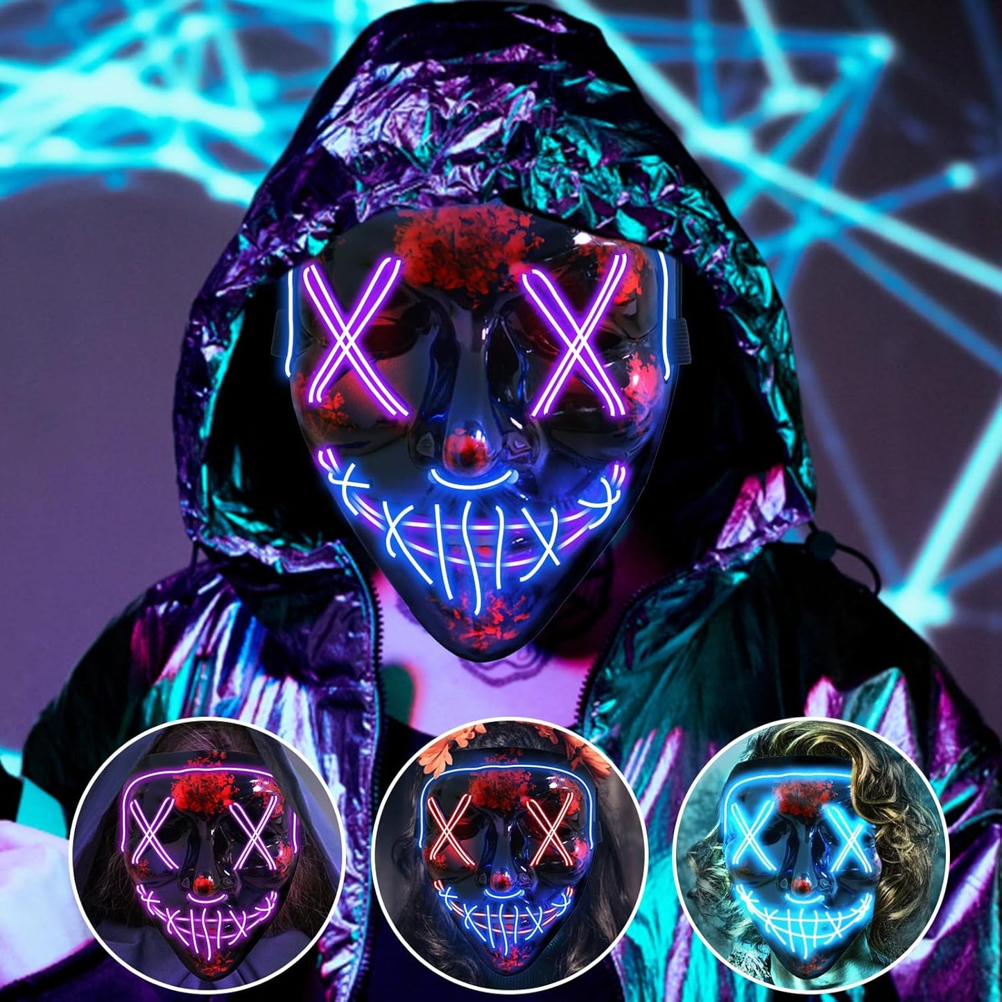 Jsdoin Halloween Masks, Scary LED Purge Mask, Light up Mask Cosplay, LED Rave Face Mask Costume 3 Lighting Modes, Halloween Face Masks for Men Women Kids