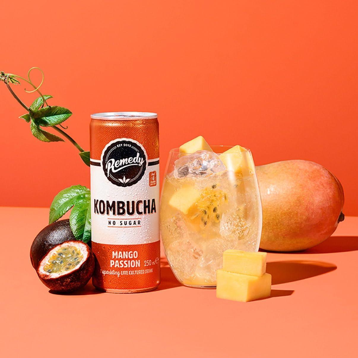 Remedy Kombucha Mango Passion Sparkling Live Cultured Soft Drink 12 x 250ml No Sugar Probiotic for Gut Health Natural Fruity Taste