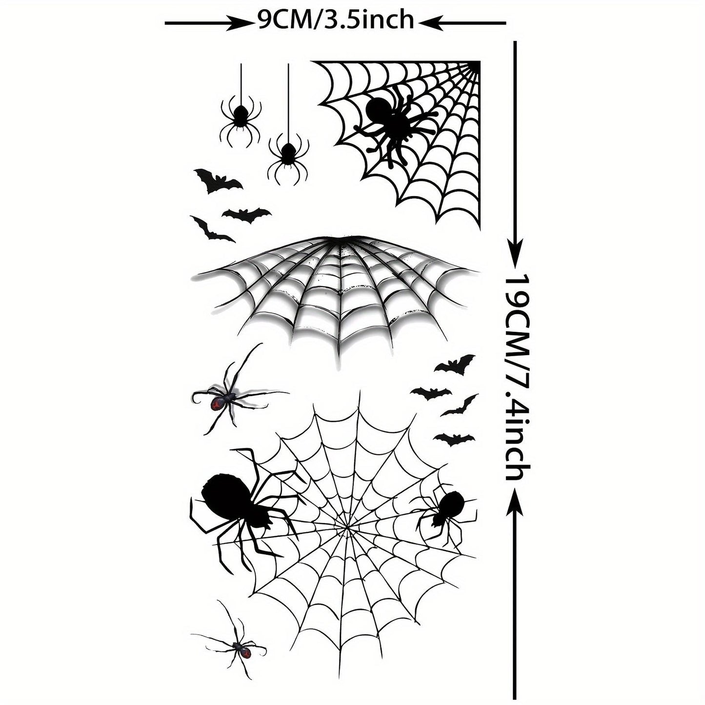 Halloween Temporary Tattoos - 1 Sheet Waterproof Realistic Spider Web, Spiders & Bats Design | Long-Lasting Fake Tattoo Stickers for Adults | Oblong Shape for Arm, Thigh, Leg, Forearm, Shank