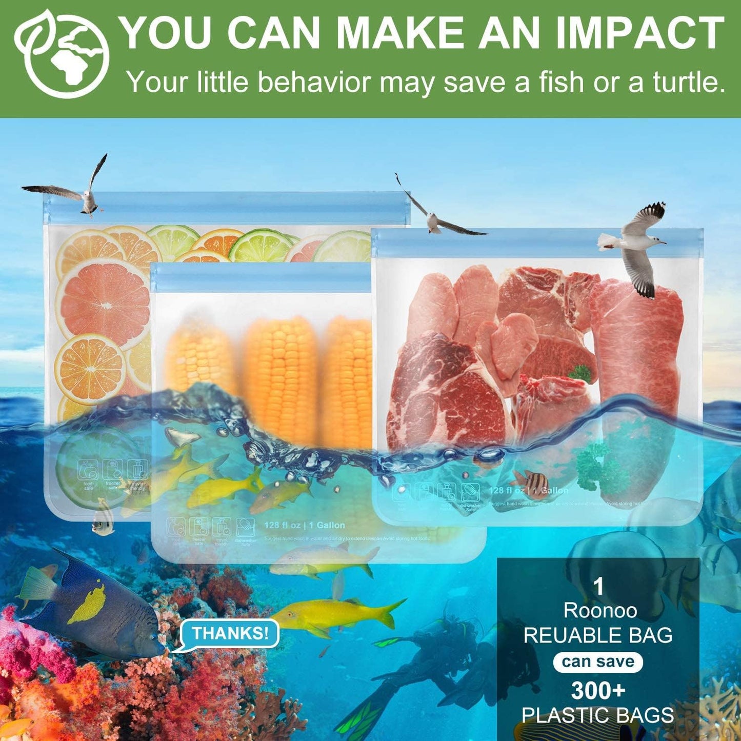 Roonoo 6 Pack Dishwasher Safe Reusable Gallon Freezer Bags Food Storage Bags, Extra Thick Leakproof Silicone & Plastic Free Ziplock Bags for Meal Prep, Fruits, Sandwich, Snack, Travel Items roonoo
