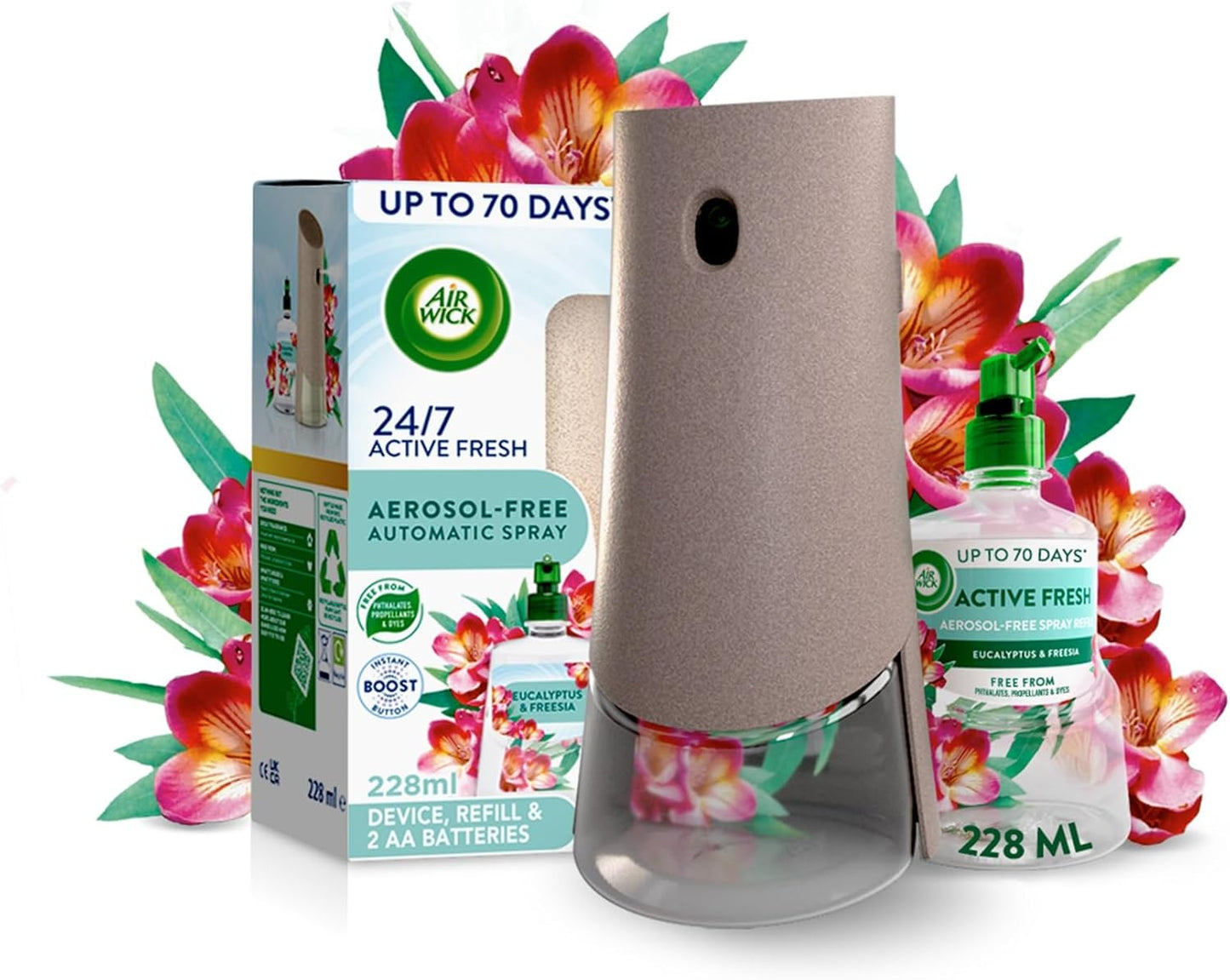 Air Wick Aerosol-Free Automatic Air Freshener Spray Kit, Eucalyptus & Freesia, 1 Gadget & 1 Refill (228Ml), 24X7 Active Fresh Odour Neutraliser, Lasts up to 70 Days, Air Freshener for Home